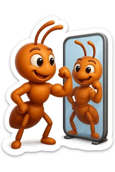 EMOJI STILE IPHONE 3D DI una formica che si guarda allo specchio felice e sicura di sè mentre contrae il suo bicipite muscoloso, fagli anche la parte bianca degli OCCHI, non solo la pupilla sticker