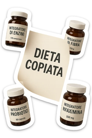 FOGLIO DI CARTA FLUTTUA IN ARIA CON LA SCRITTA "DIETA COPIATA", INSIEME A BARATTOLI DI INTEGRATORI PER CURARE IL SIBO IN ITALIANO, IPERREALISTICO 4K, NON DISEGNATO sticker