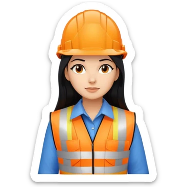 Female civil engineer with long black hair and white helmet wearing blue shirt and an orange safety vest looking at construction plan  sticker