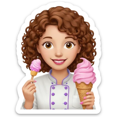 woman brown curly hair, chef, eating pink ice cream sticker