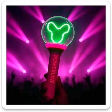 green and pink K-Pop lightstick with 'POWERLINE' on the handle, dramatic concert lighting, crowd silhouettes sticker