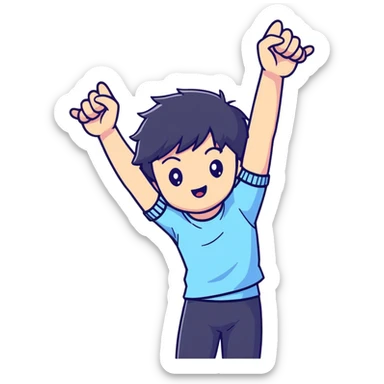 Black-haired male idol with arms up in the air, energetic performance pose, K-pop style sticker