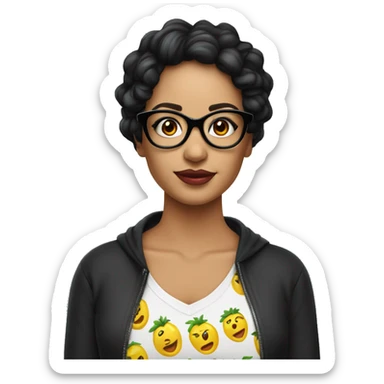 Mujer morena cabello negro con lentes y maquillaje con camiseta sticker