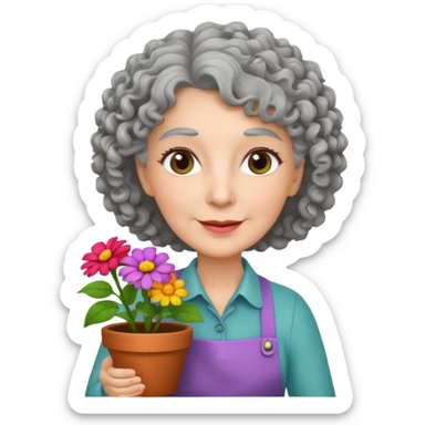 Older female florist – curly hair, hold flower pot sticker
