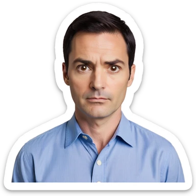 Man in his 40s with wide square face, marked jawline, full cheeks, looking incredulous with raised eyebrows, skeptical expression, medium dark brown eyes widened in disbelief, thick natural eyebrows, wide nose, mouth in a doubting smirk, short neat dark hair, wearing a blue button-up shirt sticker