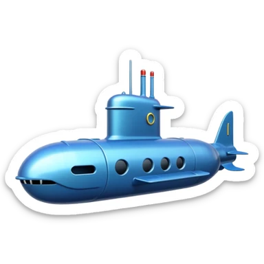 A sleek blue military-style submarine with fins and sonar dish.















 sticker