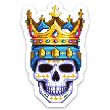 pixel art of a colorful skull with vibrant colors, wearing a gold crown and a bright ski mask sticker