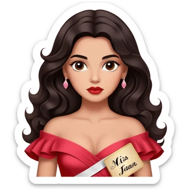 A woman with canela-toned skin, dark voluminous hair in waves, expressive eyes with soft lashes and shimmer, full lips with a glossy nude-pink color, wearing a red dress and a white sash with “Miss San Juan” in black letters, exuding elegance and confidence sticker