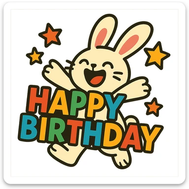 laughing bunny hugging "Happy Birthday" letters with stars, vibrant toon style, bright colors, dynamic sticker