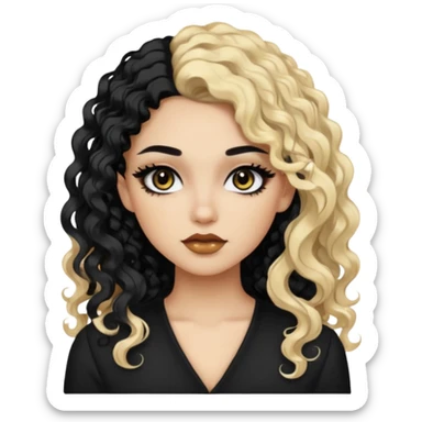 split dye leftside blonde rightside black-brown hair, baddie, pretty makeup, black eyeliner, long curly hair sticker