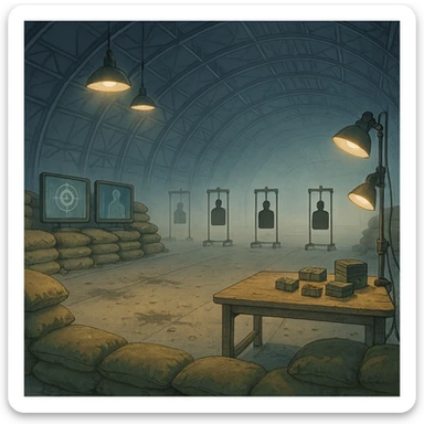 an indoor target range, inside a blimp hangar, monitor screens, sandbags, mechanical target stands with silhouette, overhead lights, blast marks on the floor, sandbags, firing range table set with ammo boxes, large work lamps, atmospheric perspective sticker