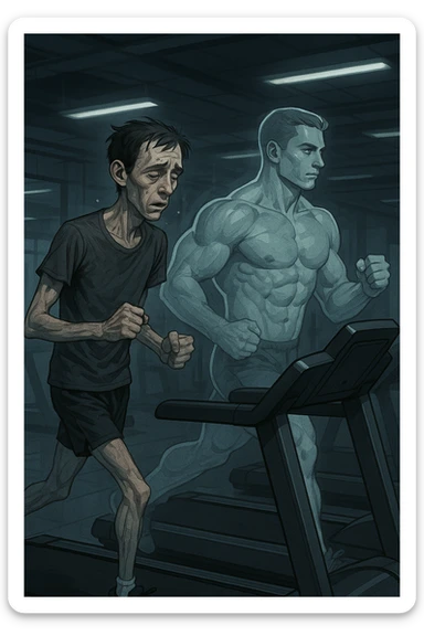 Uomo magro e affaticato che corre su tapis roulant in una palestra. I muscoli delle braccia e delle gambe appaiono ridotti e svuotati, come se stesse perdendo massa muscolare. Espressione stanca sul volto, con accanto una figura trasparente di sé stesso più muscolosa a confronto. Luci fredde e atmosfera di sovrallenamento. in italiano sticker