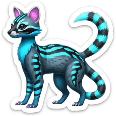 Rare realistic black-scaled neon-glowing bioluminescent edgy badass epic pretty beautiful handsome gorgeous aesthetic colorful vibrant Vernid-Trico-Amaura-Civet-Genet-species-Fakemon-creature by LiLaiRa, 4 legs, 1 tail, random markings, (full body) sticker