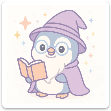 a cartoon penguin wizard with glasses, a long beard, and a spellbook, surrounded by magical effects sticker