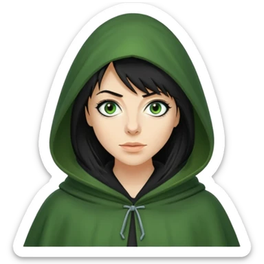 claudia winkleman as a traitor with a green hooded cloak and dark black eyeliner sticker