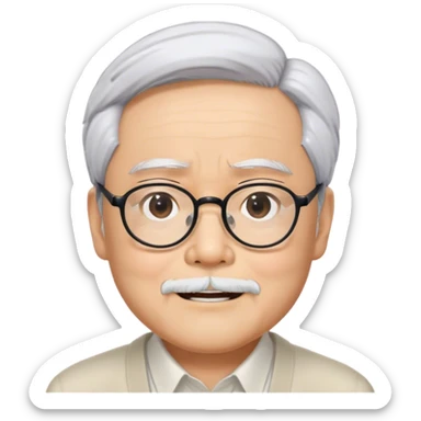​Cinematic Realistic Portrait of Hayao Miyazaki, depicted with defined black eyebrows, and large rectangular glasses, his happy expression rendered in lifelike detail, illuminated with soft, realistic lighting that emphasizes his creative genius, sticker