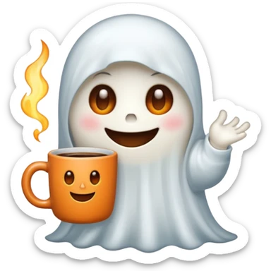 
a cute ghost holding a mug of hot coffee
 cartoon -style/cute and transparent for a sticker 
 sticker