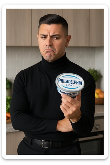 a man stands in his kitchen, holding a tub of Philadelphia Light cream cheese in one hand. He looks at it with a skeptical, slightly disapproving expression, eyebrows furrowed and lips pursed. The background shows a modern kitchen with healthy food options visible on the counter, emphasizing his awareness of better choices. The mood is reflective and subtly critical. sticker