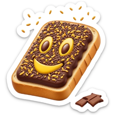 Cinematic Realistic Hagelslag Treat Emoji, depicted as crunchy chocolate sprinkles on buttered bread rendered with vivid textures and playful, inviting lighting. sticker