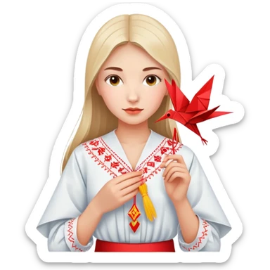 Ukrainian young girl in traditional embroidered vyshyvanka shirt holding a red origami paper crane sticker