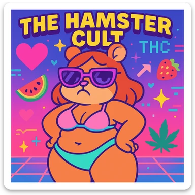 Vibrant, square Discord server icon for 'The Hamster Cult (THC)'. Central character: thick tan anthro cute hamster girl with big thighs, chubby tummy, pouty lips, and a bratty attitude, wearing a pastel bikini and oversized sunglasses. Colorful, vaporwave-inspired background with neon hearts, fruitger aero and webcore pixel details, weed leaf, subtle 'THC' logo. Minimal or no snacks. Playful, bratty, chaotic but polished, perfect for a Discord icon. sticker