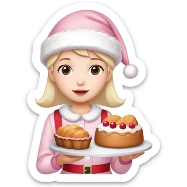 girl wearing light pink santa hat,having cute cake and bread sticker