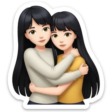 a white girl with black long hair and bangs hugging another white girl with long black hair sticker