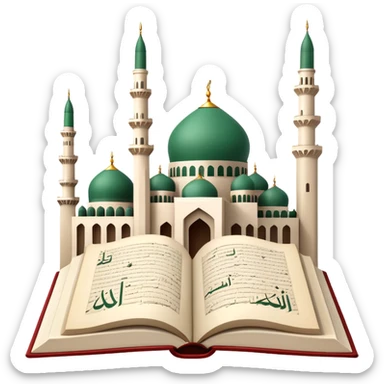 An icon featuring the mosque and the flag of an Arabic-speaking country, symbolizing the Arabic language. The design includes an open book with Arabic script and calligraphy, representing language learning and cultural heritage. Transparent background sticker
