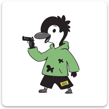 A cute but tough half-dolphin half-penguin thug holding a small gun, wearing a green hoodie with blood stains and Dollar General branded shorts sticker