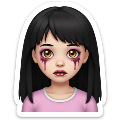 light-skinned Black zombie girl emoji, black eyes, long black hair with bangs, light pink blouse, scar on cheek sticker
