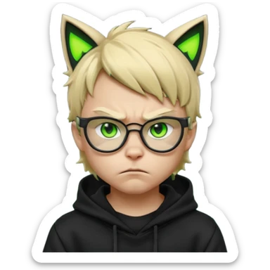 A blond hacker boy with black glasses and a black hoodie with neon green cat ears, cyberpunk style, angry expression, intense glowing green eyes, dark dramatic lighting sticker