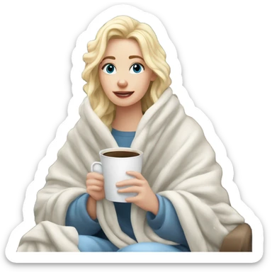 Blonde hair blue eyed white girl covered in blanket winter vibe sitting on a cozy chair holding coffee looking out a snowy window sticker
