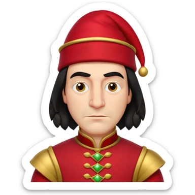 lord farquad avec un chapeau rouge plat sur le dessus, il a un vêtement rouge avec des manches bouffantes rouge et dorée sticker