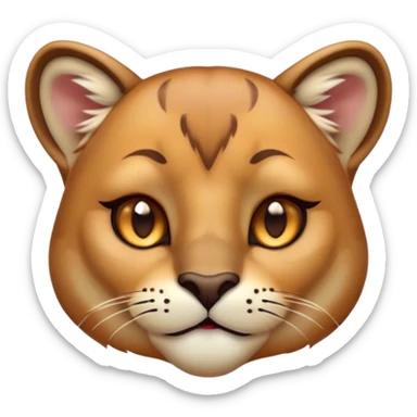 Cinematic Cute Cougar Portrait Emoji, Head tilted playfully and inquisitively, featuring a glossy, tawny Fur with delicate dark markings and round, sparkling amber eyes filled with curious mischief, Simplified yet irresistibly adorable features, highly detailed, glowing with a warm, friendly glow, high shine, affectionate and agile, stylized with a touch of wilderness whimsy, bright and endearing, soft glowing outline, capturing the essence of a mischievous yet loving cougar, so playful it feels like it could prowl out of the screen and into your arms! sticker