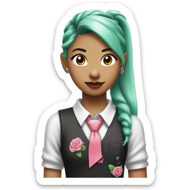 a girl with long mint colored twin ponytail wearing a sleeveless silver shirt, a mint colored tie, and a black flared arm sleeve with a red 01 tattoo on her left arm has a pink square with a black border running through each ponytail sticker