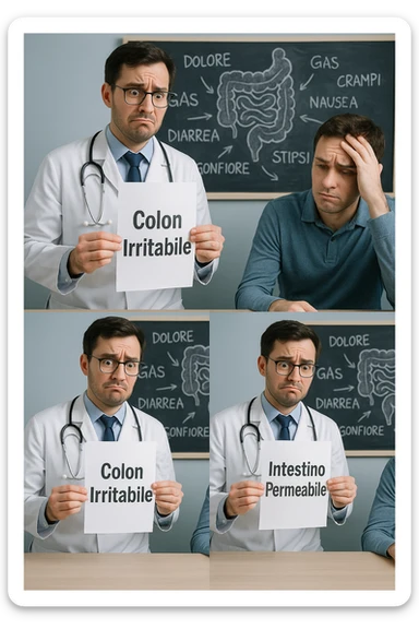 Scena clinica con un medico confuso in camice bianco davanti a un paziente seduto. Il medico ha tre fogli in mano, e li mostra uno alla volta con espressione incerta: il primo dice 'SIBO', il secondo 'Colon Irritabile', il terzo 'Intestino Permeabile'. Il paziente ha un’espressione confusa e scoraggiata, con una mano sulla fronte. Sullo sfondo una lavagna caotica con disegni di intestino e sintomi ovunque. Stile realistico con tocchi ironici, toni freddi da ambulatorio ma con un messaggio visivo forte di incertezza diagnostica. in italiano sticker