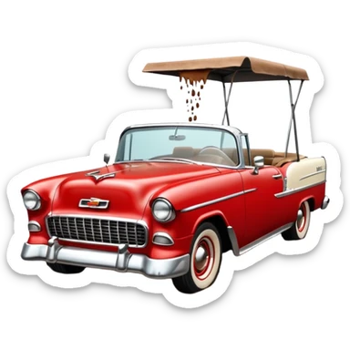 1955 Chevrolet Bel Air Convertible, Red-White color, with a bucket of brown mud pouring down on it, and the car itself is covered in brown mud on the sides that has stuck. 32x32 pixels, aspect ratio: 1:1 sticker