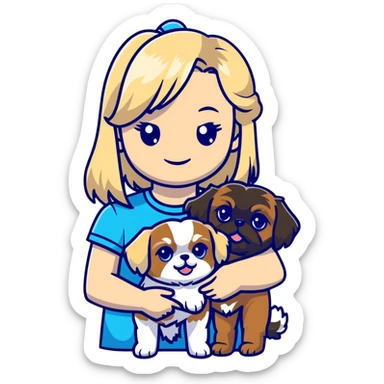 White blond girl with long hair and blue eyes holding a small female shih tzu dog sticker