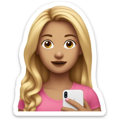 Girl with medium brown hair, a blonde strand in front, wearing pink with an iPhone 15 in her hand sticker