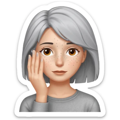 woman with gray hair and 1 palm of hand covering face sticker