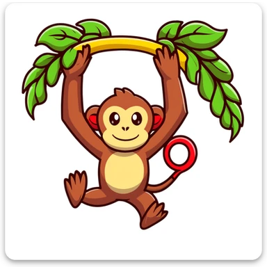 A surreal hybrid creature that is half monkey (top) and half banana (bottom). Green monkey with red facial features on top, and an opened banana peel forming the lower body. In a lush jungle environment with hanging vines and tropical foliage sticker