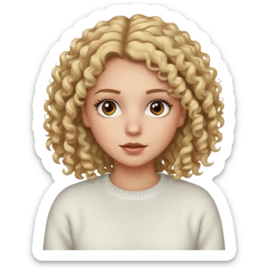 a dirty blonde girl with brown eyes and make her wearing a white sweater with curly hair and white skin color long har and big lashes sticker