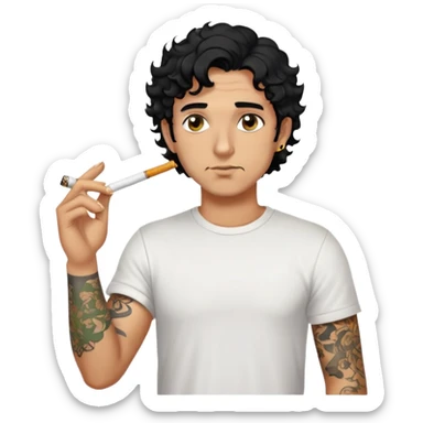 Italian man with tanned skin, curly black hair in short bob style, stubble, olive eyes, gold earring in left ear, white t-shirt, black tattoo on forearm, smoking cigarette sticker