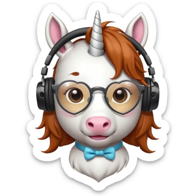 headphone wearing white unicorn with dark ginger hair and heart shaped spectacles sticker
