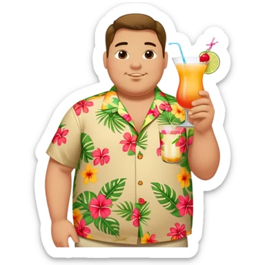 chubby guy full figure in a flowered hawai shirt holding a cocktail sticker