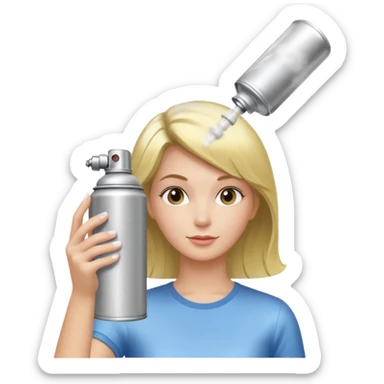 In her hand - a classic aerosol hairspray can (metallic cylinder, small spray nozzle on top). The can is spraying fine mist particles toward her hair, clearly visible as light translucent spray cloud. sticker