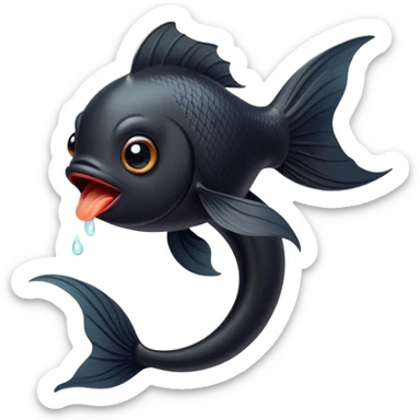 Cinematic Cute Yawning Black Goldfish Portrait Emoji, Head tilted slightly with a dramatic, wide-open yawn, showcasing a smooth, deep black body with elegant, flowing fins, eyes barely open in drowsy contentment, Simplified yet irresistibly adorable features, highly detailed, glowing with a soft, cozy glow, high shine, relaxed yet expressive, stylized with a touch of whimsy, bright and endearing, soft glowing outline, capturing the essence of a sleepy yet affectionate goldfish, so drowsy it feels like it could float out of the screen and curl up for a nap! sticker