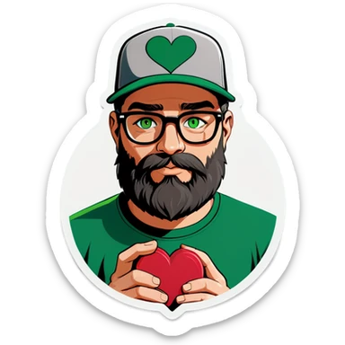 A bold man with a grey baseball cap, green eyes, big beard and glasses holding heart sticker
