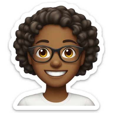 Brown skinned girl, with black curls in her hair, wearing glasses and has a big smile, she looks very happy, she has a white shirt on sticker