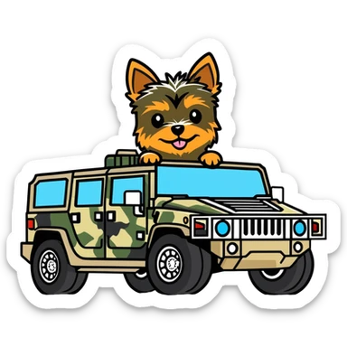 yorkie dog driving a camo hummer  sticker